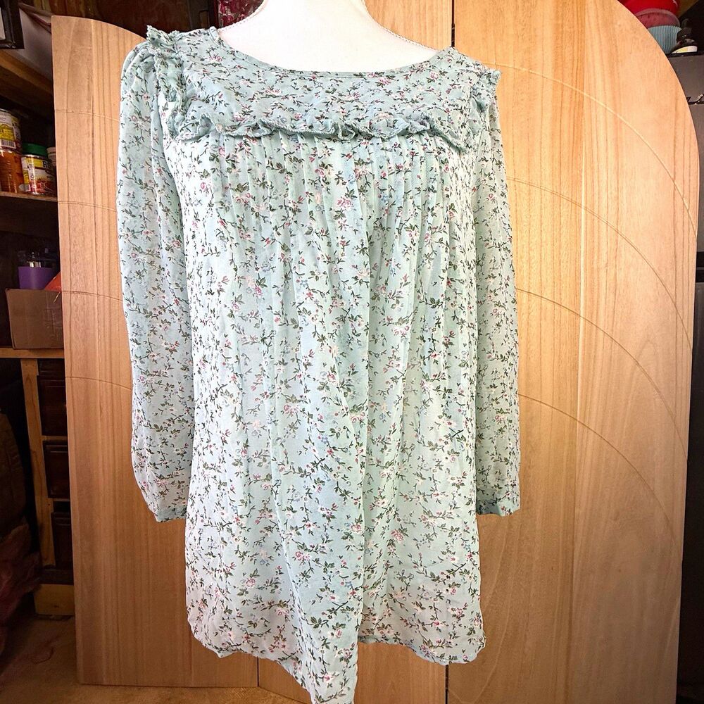 Vintage 90s GAP Cottagecore Floral Ruffle Bib Sheer Prairie Blouse Sage Blue